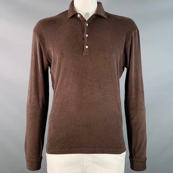 SUITSUPPLY Size XL Brown Cotton Terry Long Sleeve Half Placket Polo - Picture 1 of 5